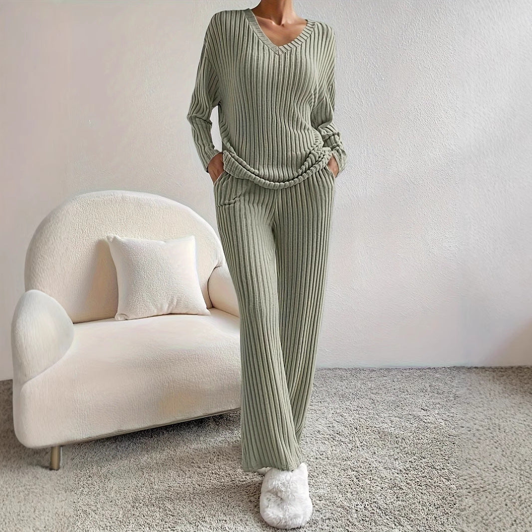 2025 Autumn Cross-Border New Style Home Fashion Casual Straight Leg Pants Elegant Loose V-Neck Ribbed Two-Piece Set