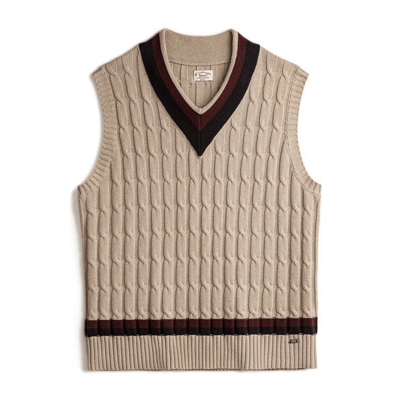 Madden Workwear American Retro IVY Knitted V-neck Sweater Vest, Preppy Style, Color-blocked Cable Knit Sleeveless Vest for Men, Spring