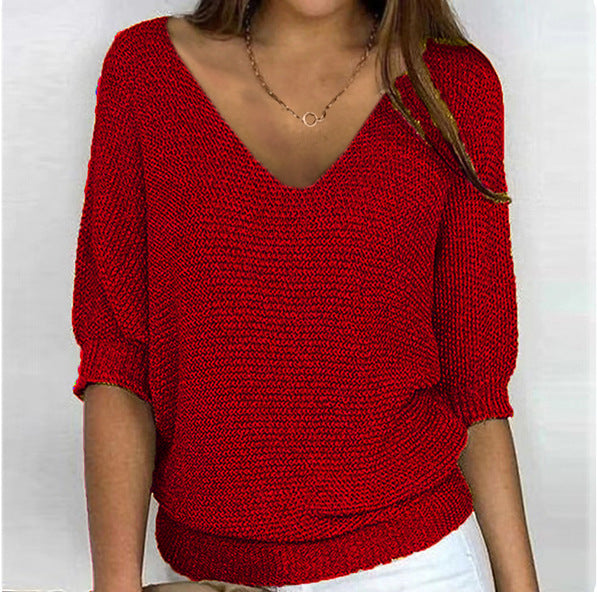 2026 New Russian Solid Color Crew Neck Knitted Top Women's Three-Quarter Sleeve Top Air Conditioning Shirt In Stock