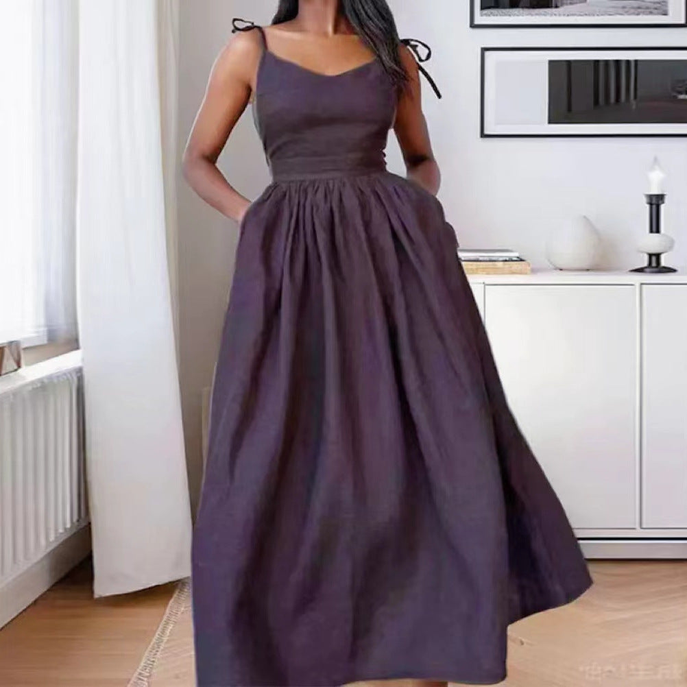 2026 European and American Women's Backless Elegant Mori Style Sexy V-Neck High Waist Fashion Suspender Dress