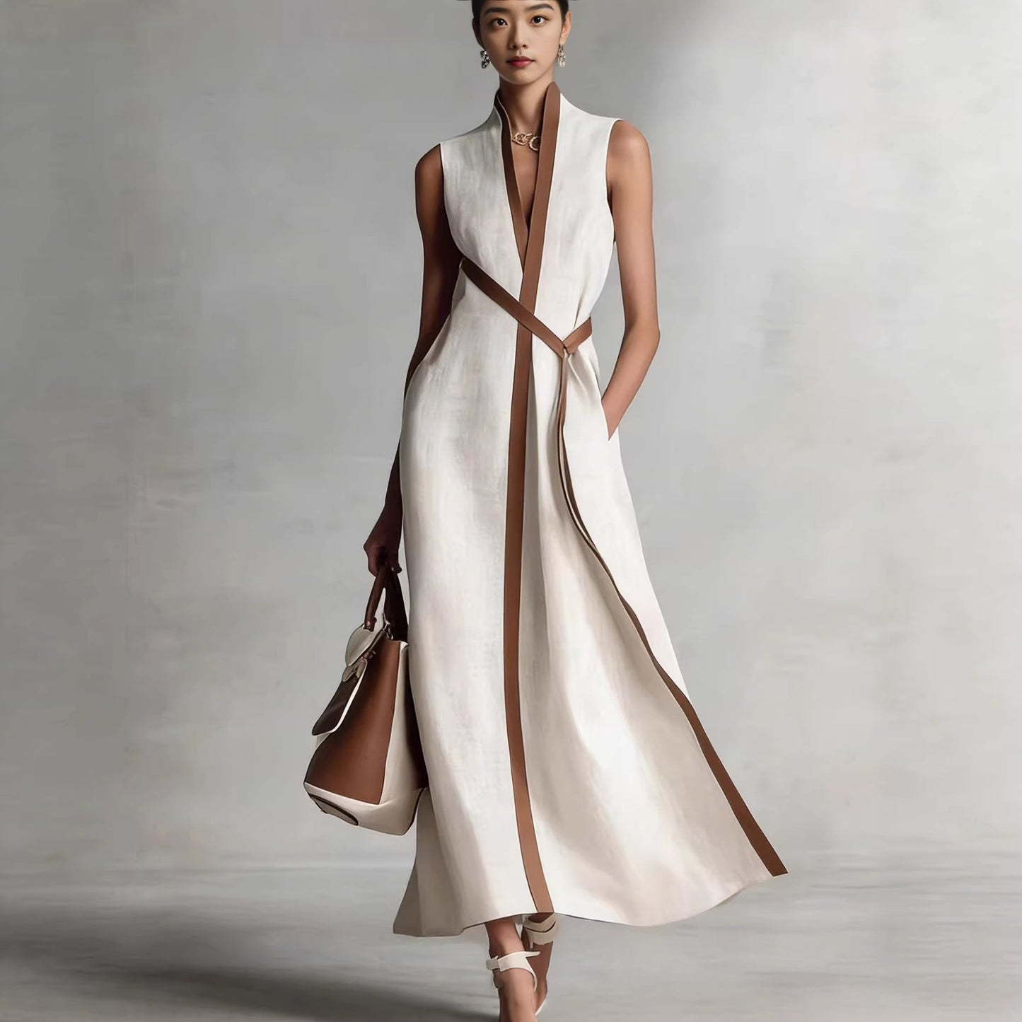 2026 Summer New Arrival Stand Collar Sleeveless Casual Color Block Loose Dress