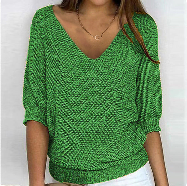 2026 New Russian Solid Color Crew Neck Knitted Top Women's Three-Quarter Sleeve Top Air Conditioning Shirt In Stock
