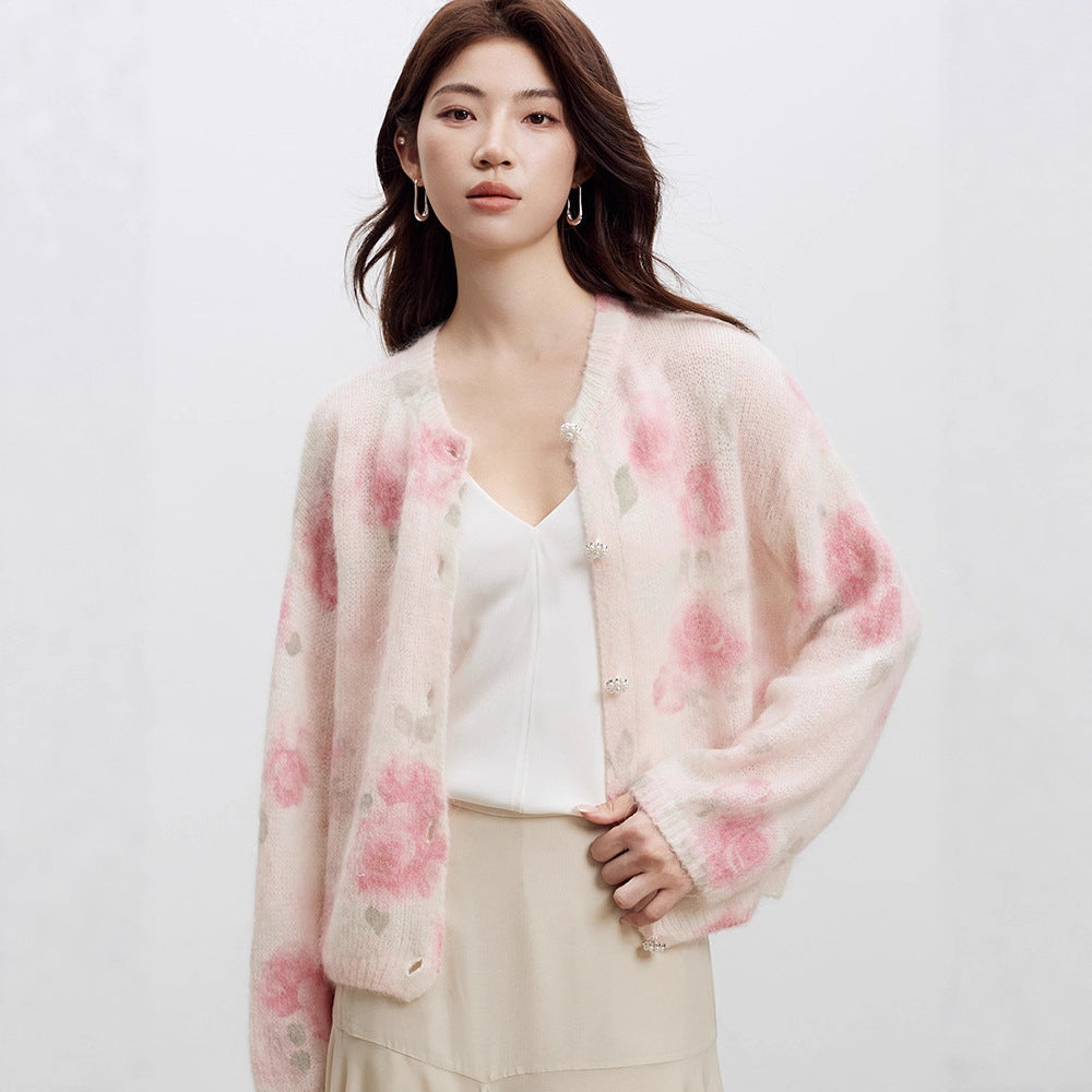 Rose Print Mohair Sweater Women's Long-Sleeved Knit Cardigan 2026 Spring New Style Soft and Loose Wool Coat
