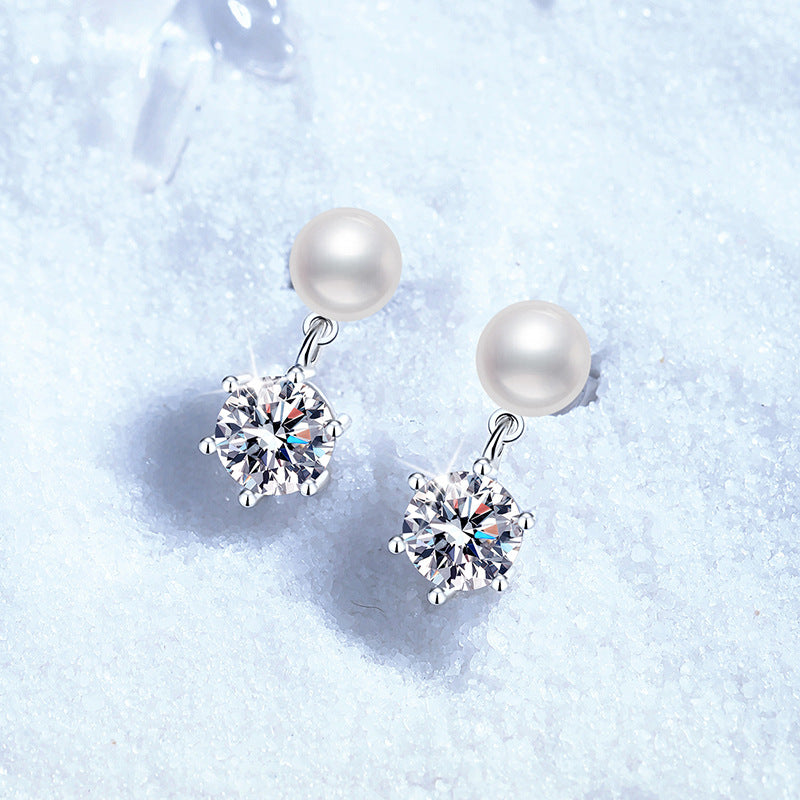 S925 sterling silver stud earrings, genuine natural freshwater pearl, classic six-prong earrings, 1-carat moissanite stud earrings