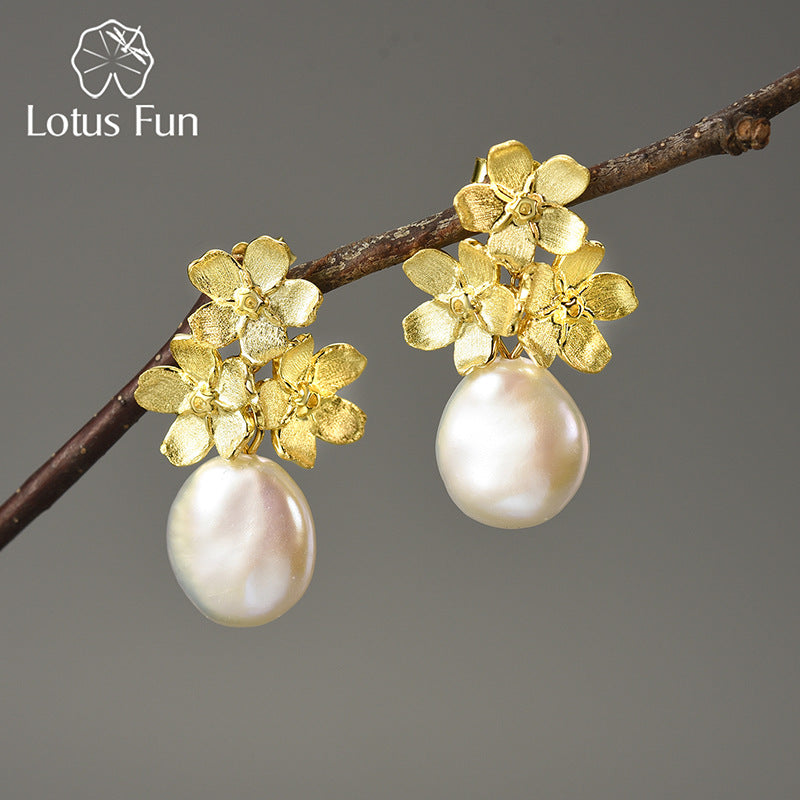 Forget-me-not Baroque S925 sterling silver earrings retro flower jewelry women