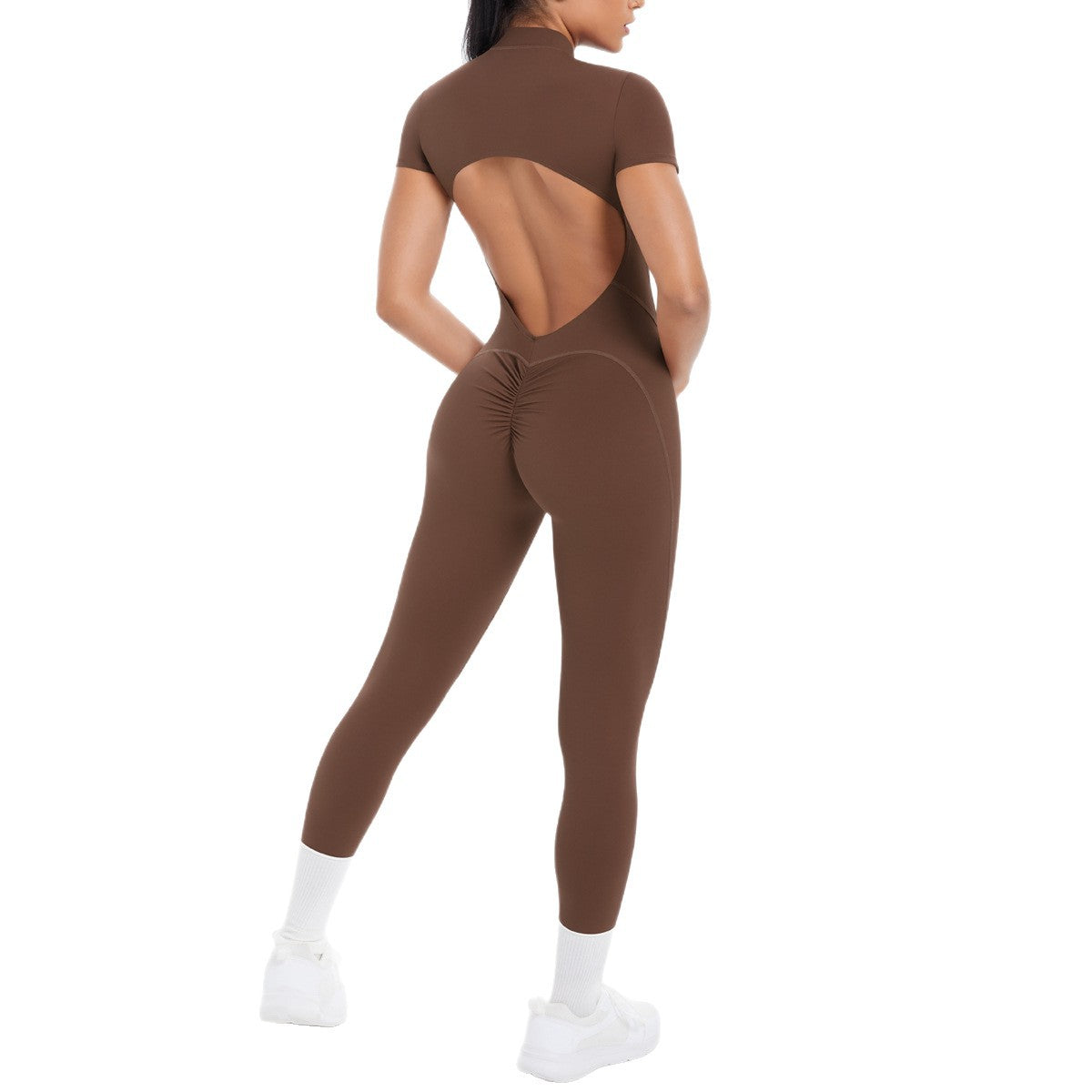New Cross-border European and American Style Tight-fitting Backless Hollowed-out Short-sleeved Long Pants Bodysuit for Sports Running Fitness Yoga