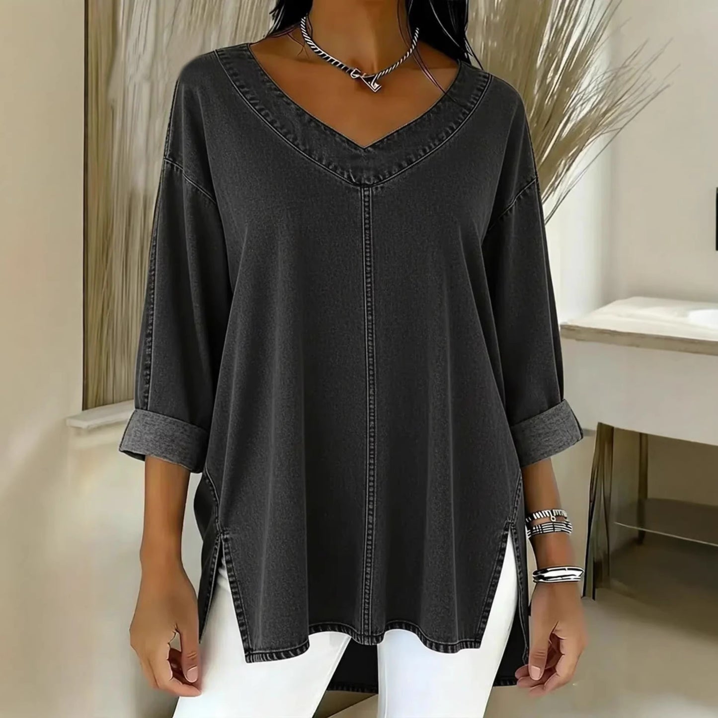 2026 Spring New Arrival European and American Cross-Border Women's Street Fashion Denim V-Neck Top