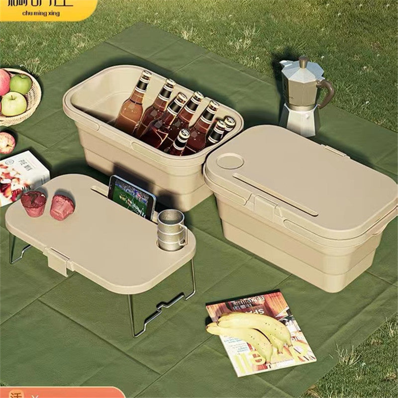 Outdoor Camping Supplies Picnic Basket With Table Foldable Portable Shopping Basket, Multifunctional Picnic Table Folding Bucket