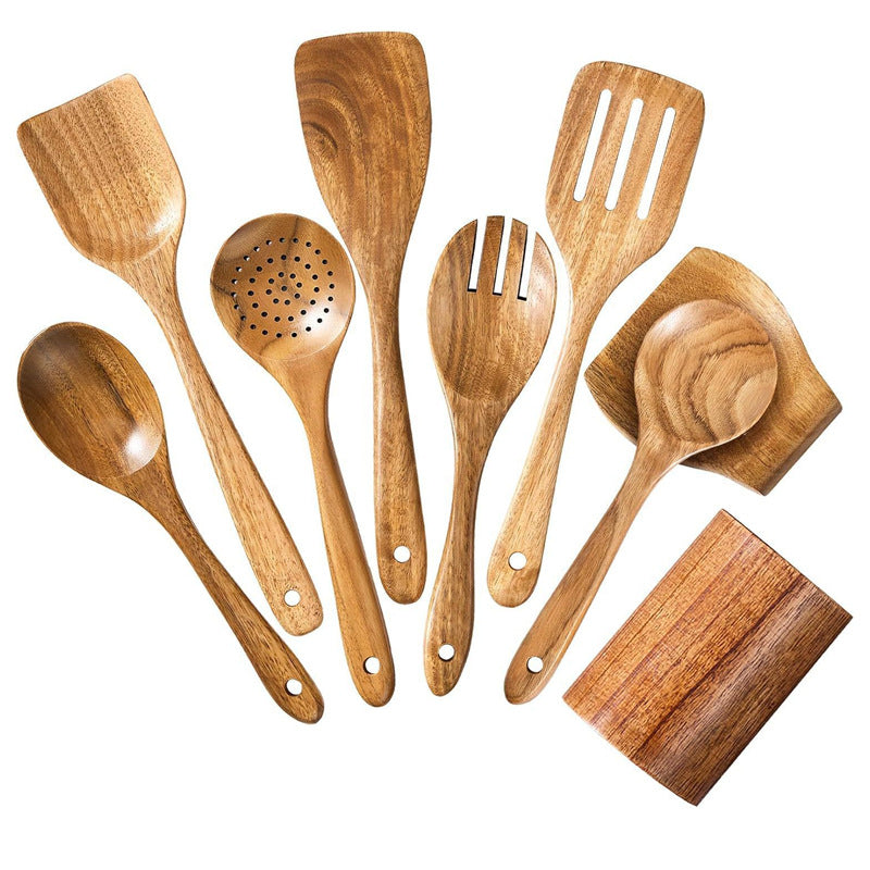 Teak Cooking Set, Acacia Wood Kitchenware, Long Handle Spatula, Vegetable Spatula, Solid Wood Spatula, Spoon Fork, Non-stick Pan, Kitchen 10 Piece Set