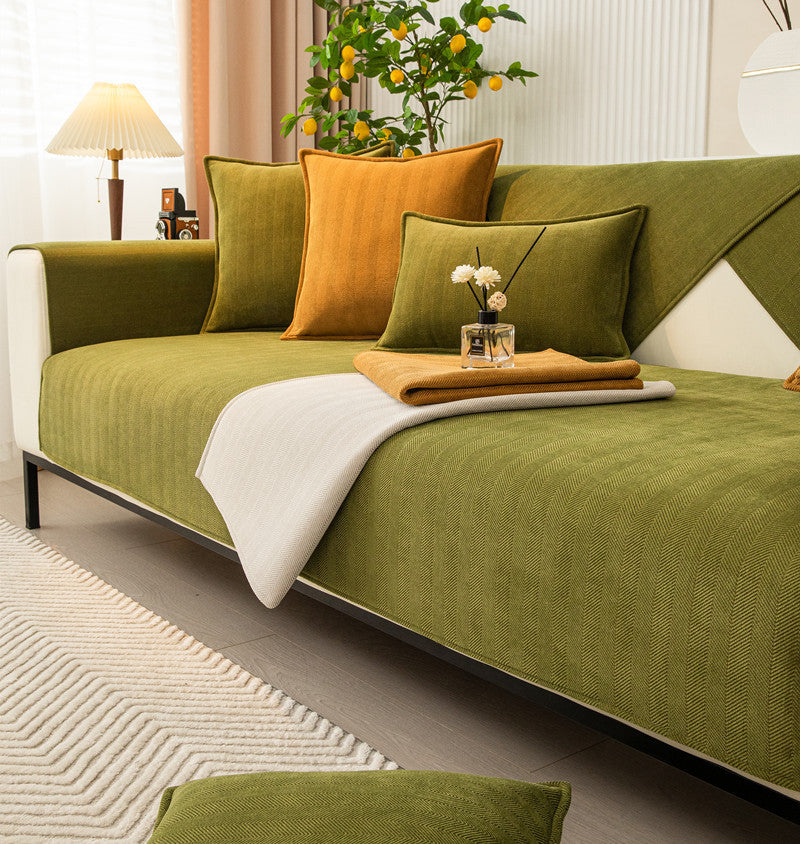 Universal Sofa Cushion for All Seasons, Simple Solid Color Fabric Sofa Cushion Cover, Chenille Herringbone Pattern Anti-slip Sofa Towel