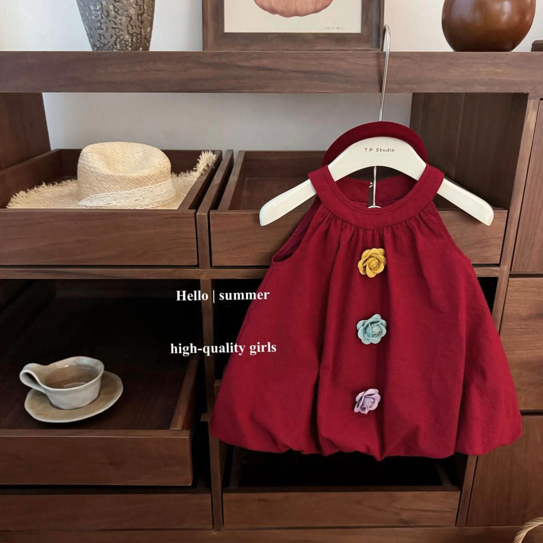 2026 Summer New Arrival Red Camellia Baby Girl Vacation Style, Elegant and Sophisticated, Floral Tulip Vest Dress, Princess Dress