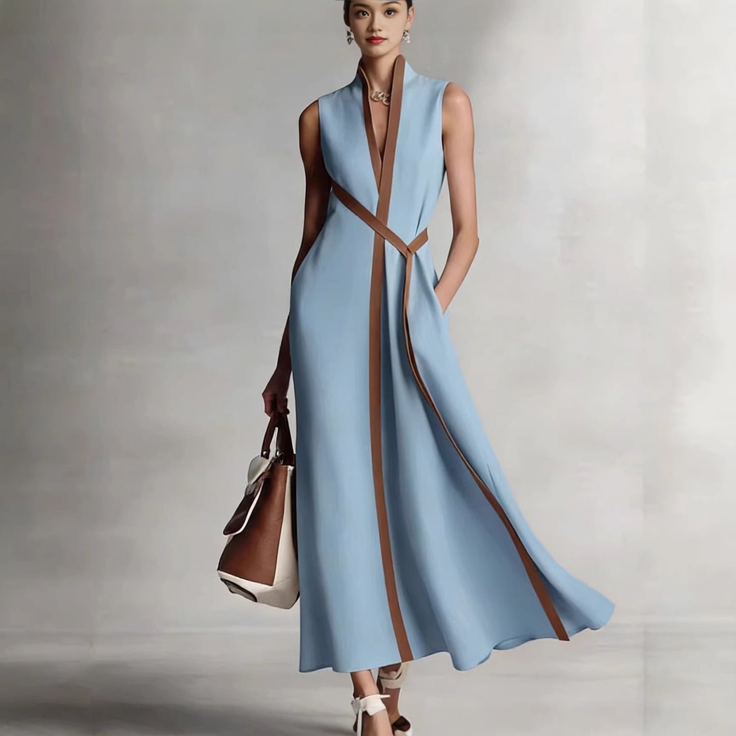 2026 Summer New Arrival Stand Collar Sleeveless Casual Color Block Loose Dress