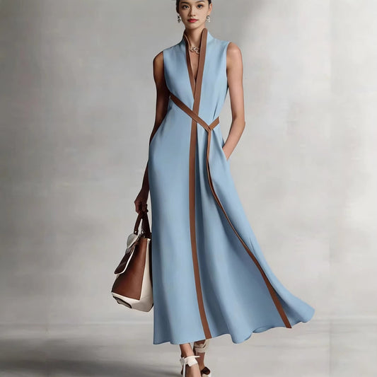 2026 Summer New Arrival Stand Collar Sleeveless Casual Color Block Loose Dress