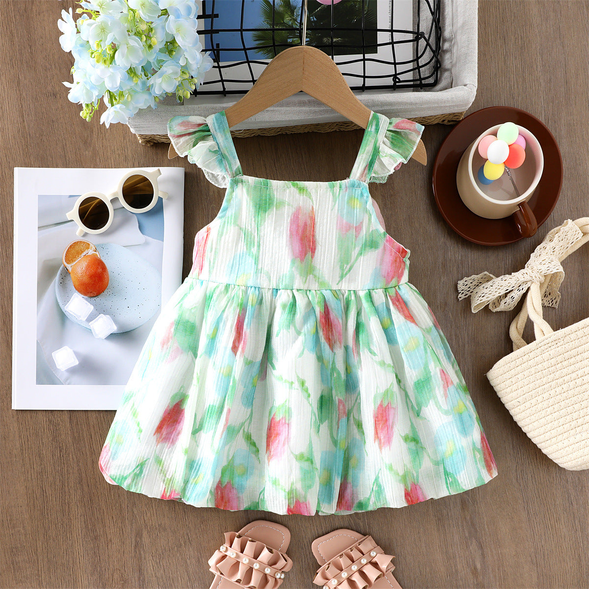 2026 Summer New Children's Dress with Tulip Print and Bow Tie, Stylish Princess Dress, Wholesale for Export