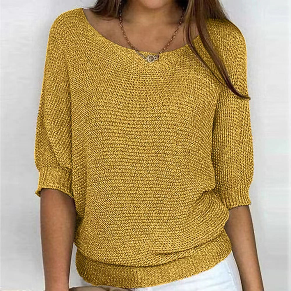 2026 New Russian Solid Color Crew Neck Knitted Top Women's Three-Quarter Sleeve Top Air Conditioning Shirt In Stock