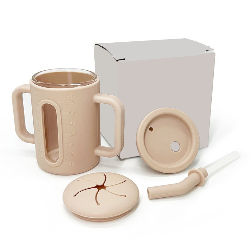 Cross-border Children's Drop-proof Double-layer Silicone Glass Children's Sippy Cup, Baby Food Supplement Water Cup, Silicone Straw Snack Cup