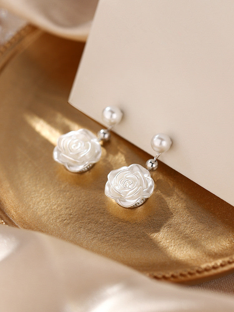 925 Silver Needle Camellia Earrings Women New Earrings Light Luxury Niche Design Earrings Summer