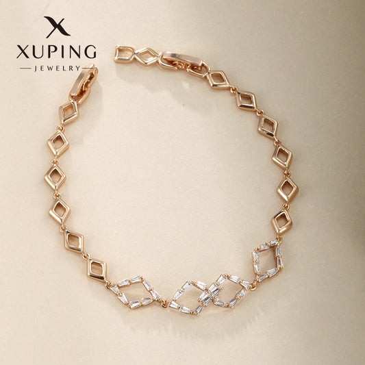 Xuping Hollowed-out Rhombus Chain, 18K Gold Plated Copper, Niche Design, Alloy Diamond Inlay, European and American Fashion Bracelet for Women
