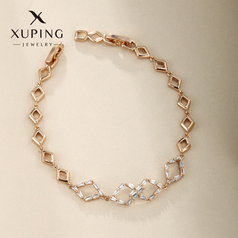 Xuping Hollowed-out Rhombus Chain, 18K Gold Plated Copper, Niche Design, Alloy Diamond Inlay, European and American Fashion Bracelet for Women