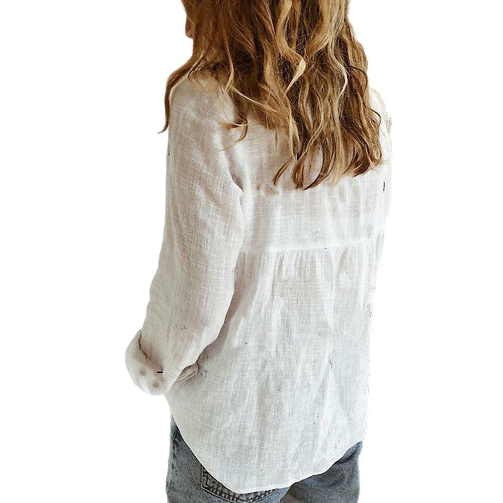 European and American Style Xiyin Amazon Best-selling Solid Color Casual Loose Long-sleeved Linen Shirt, In Stock with Sleeves, Women's Clothing