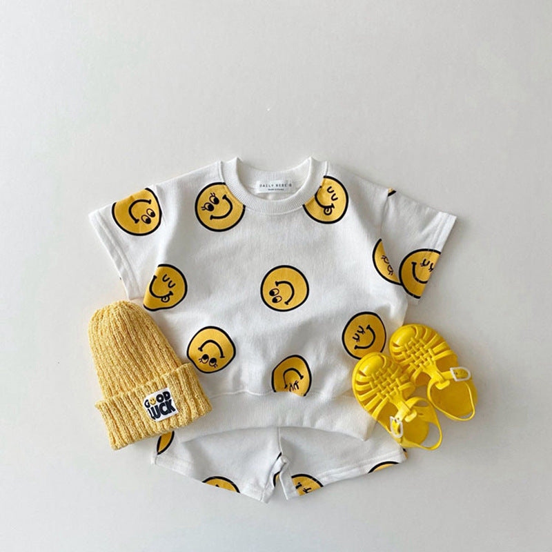 Korean version of ins children's clothing boys and girls baby short-sleeved tops and shorts two-piece children's smiley casual cotton suit