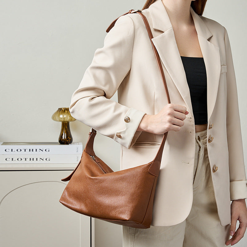 Retro-style Top-grain Vegetable-tanned Cowhide Casual Shoulder Bag/Underarm Bag, Commuting Large Capacity Classic Genuine Leather Crossbody Hobo Bag