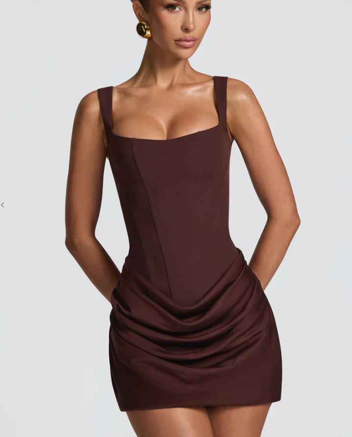 2026 New Arrival: French-Style Sexy Square Neck Sleeveless Bodycon Short Dress with Tie-Waist
