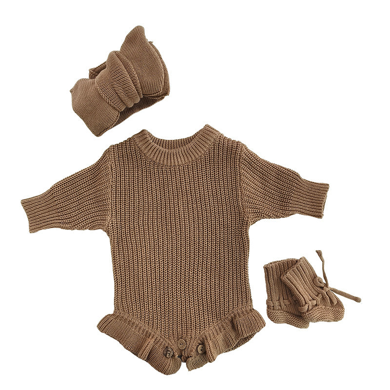 Handmade Embroidered Custom Letter Baby Autumn Warm Bodysuit Romper Knit Sweater Crawling Suit