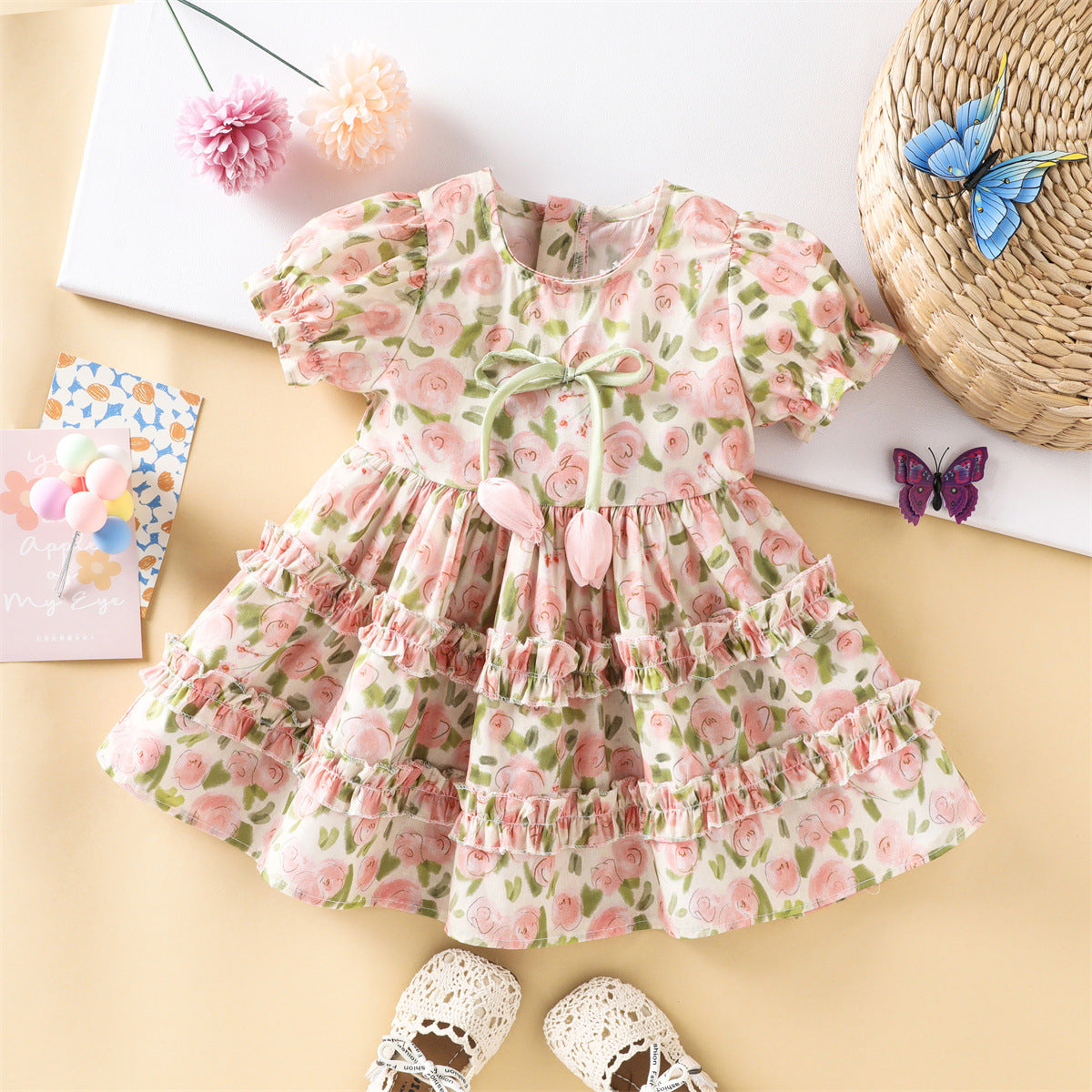 2026 New Summer Girls' Dress, Round Neck, Short Sleeve, Cotton Princess Dress, Tulip Design on Chest, Children's Clothing