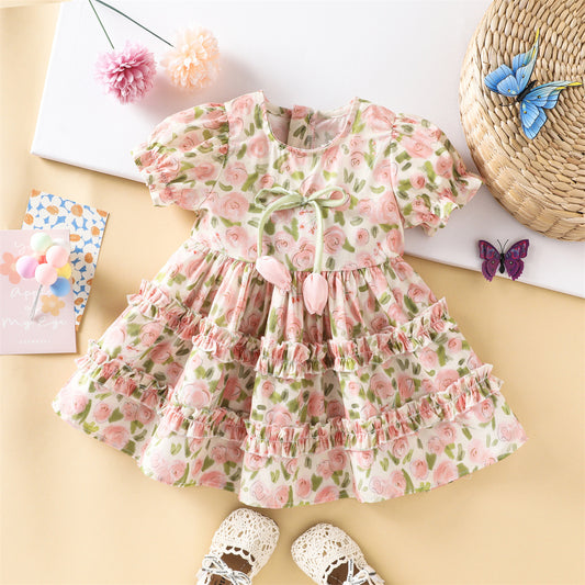 2026 New Summer Girls' Dress, Round Neck, Short Sleeve, Cotton Princess Dress, Tulip Design on Chest, Children's Clothing