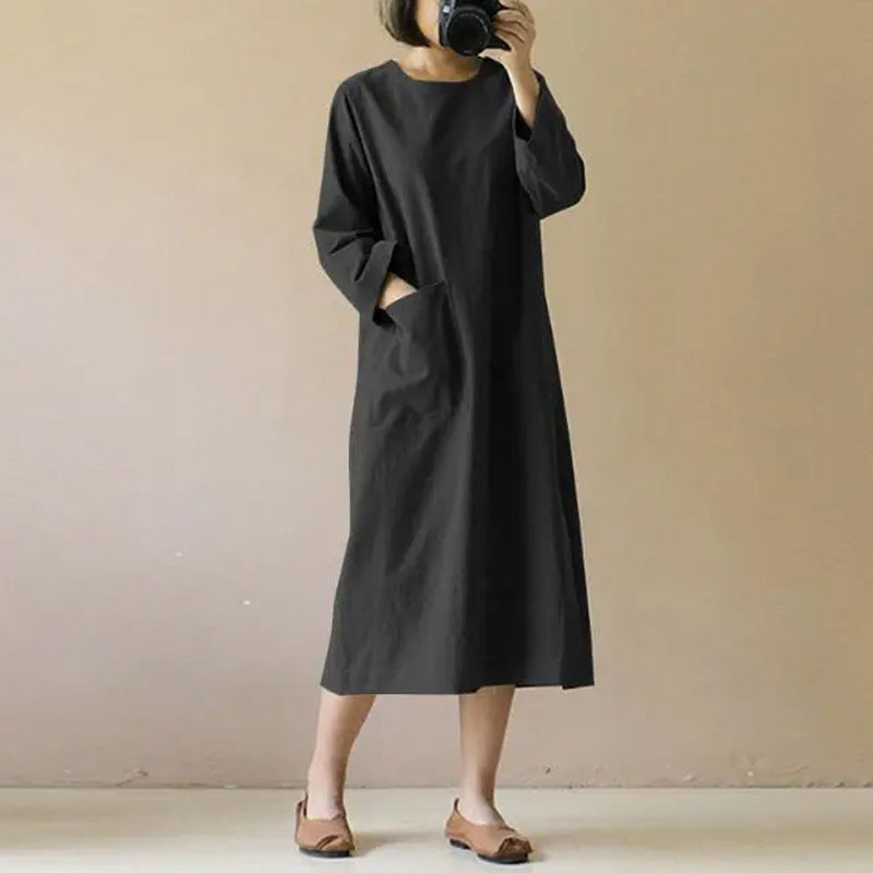 Retro Cotton Linen Long-sleeved Solid Color Plus Size Dress, New Spring and Autumn Style with Pocket Design