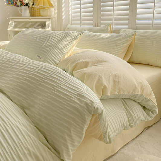 Instagram-style Solid Color Minimalist Pure Cotton Four-piece Bedding Set, Seersucker Japanese Fitted Sheet Style Washed Cotton Bed Sheet and Duvet Cover Three-piece Set