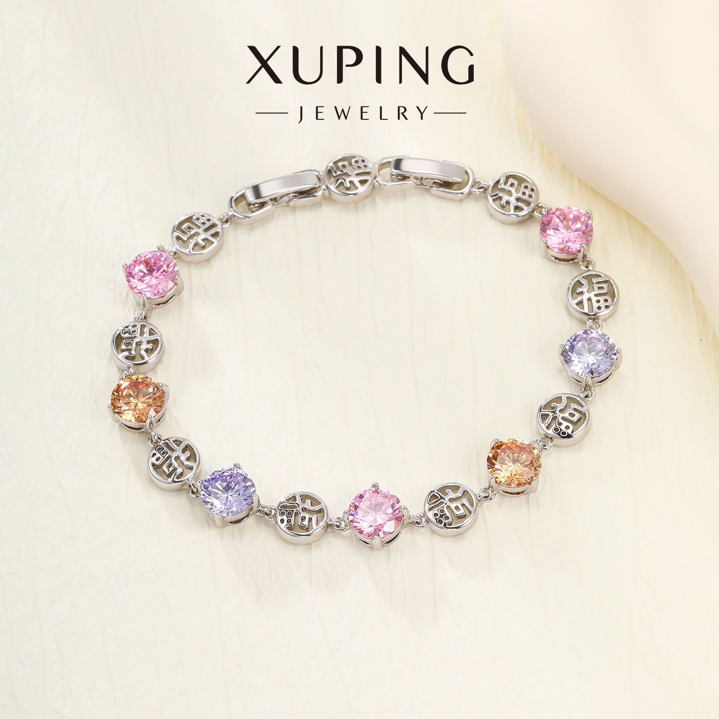 Xuping Gemstone Series Fashionable and Light Luxury "Fu" Character Patchwork Bracelet with Geometric Round Zircon Buckle, Elegant Jewelry