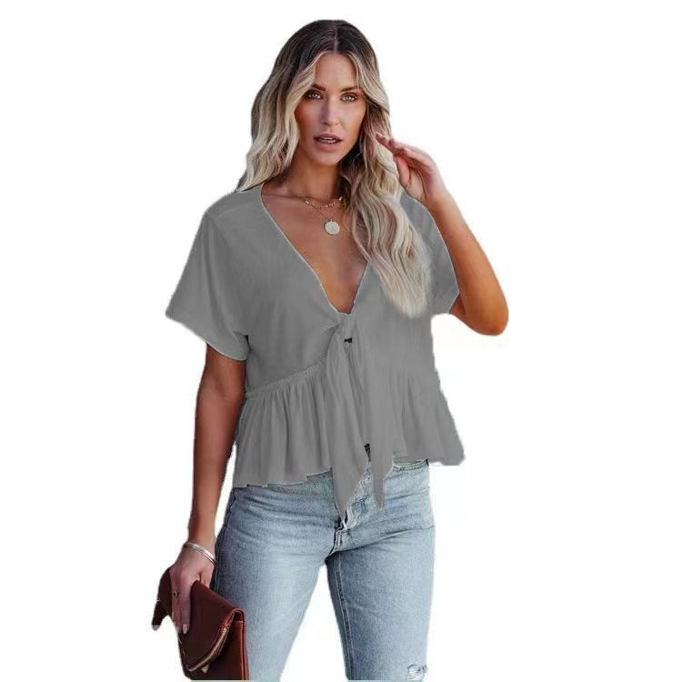 2026 Summer New Arrival European and American Cross-border Women's Clothing Solid Color Patchwork Loose Short-sleeved Tie-up Ruffle Top