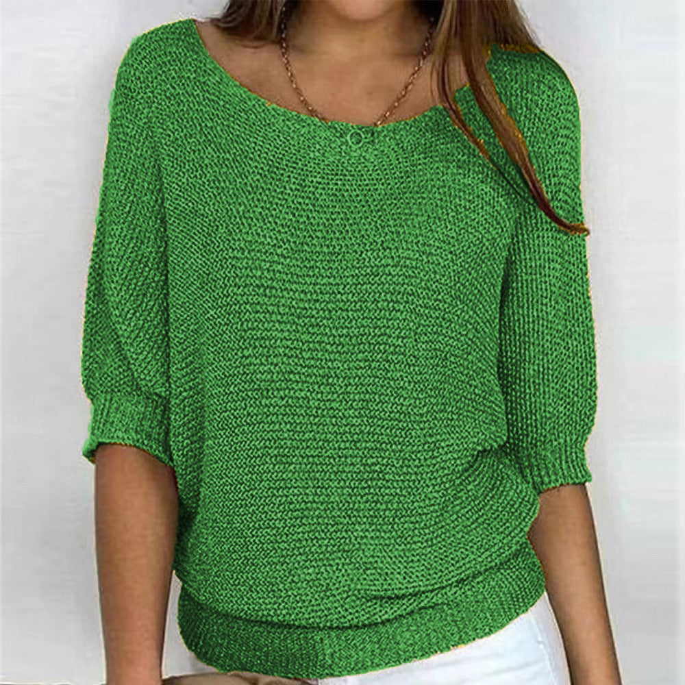 2026 New Russian Solid Color Crew Neck Knitted Top Women's Three-Quarter Sleeve Top Air Conditioning Shirt In Stock