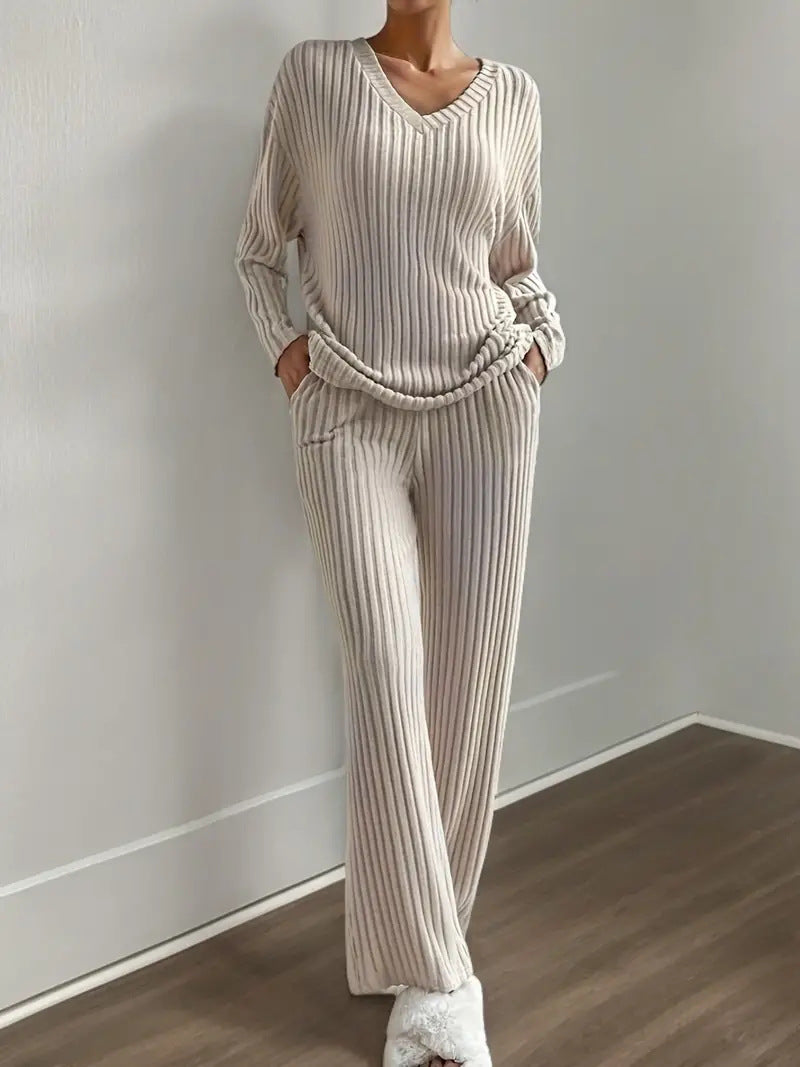 2025 Autumn Cross-Border New Style Home Fashion Casual Straight Leg Pants Elegant Loose V-Neck Ribbed Two-Piece Set
