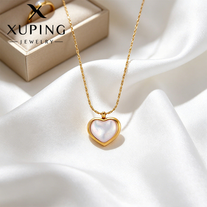 Xuping Stainless Steel 24k Color Peach Heart Necklace: Simple and Unique Design, Light Luxury Style, European and American Cross-Border Jewelry