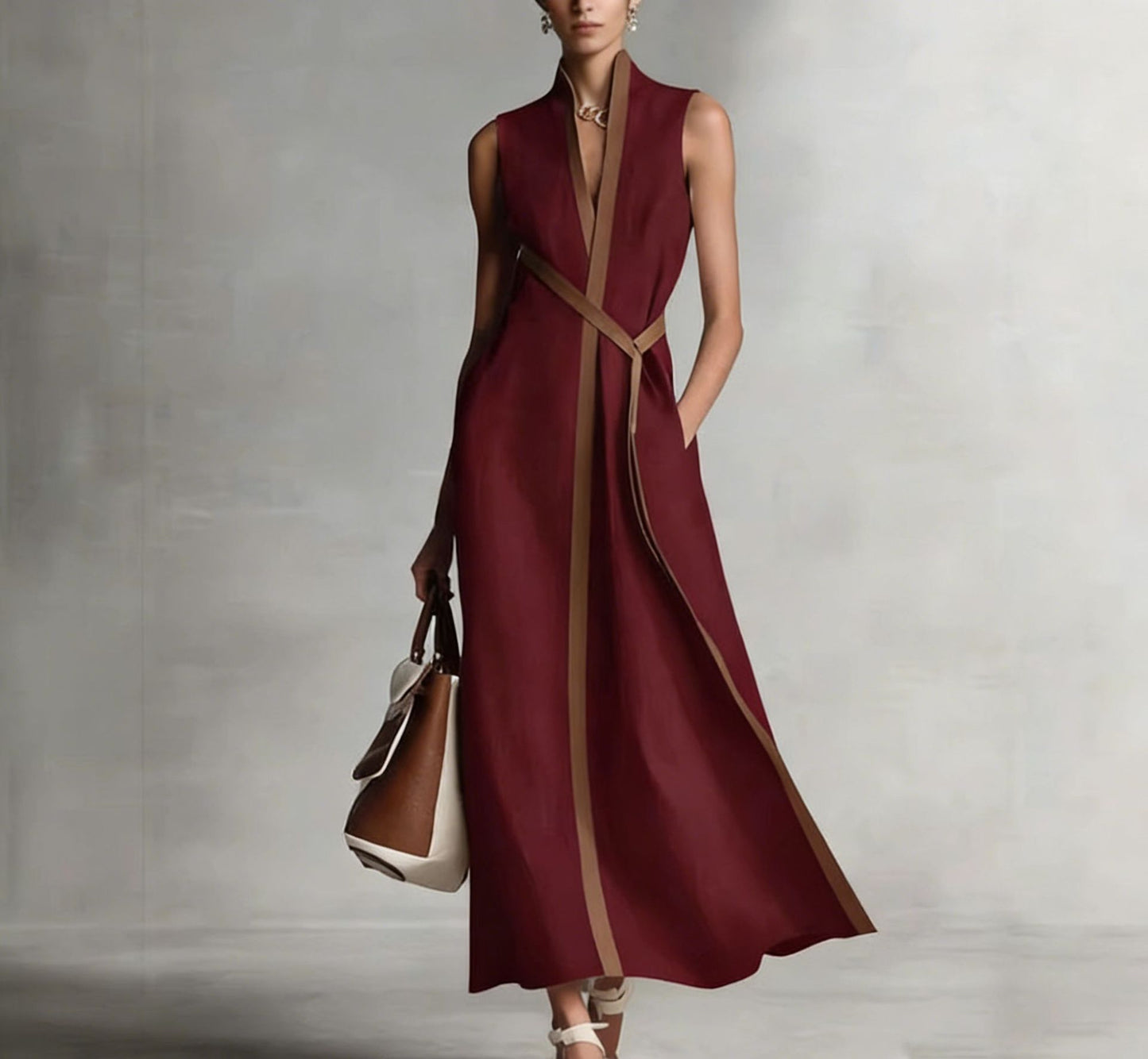 2026 Summer New Arrival Stand Collar Sleeveless Casual Color Block Loose Dress