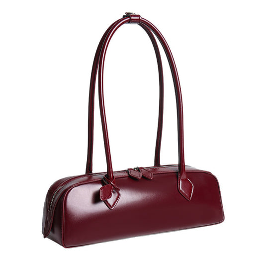 2026 New Korean Style Niche Design Shoulder Bag, Large Capacity Genuine Leather Underarm Bag, Long Red Baguette Bag