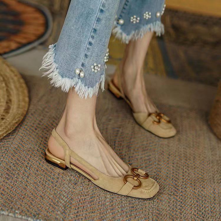 Summer New French Low-Heel Closed-Toe Slip-On Buckle Sandals, Plus Size European and American Style Women's Shoes (Export)