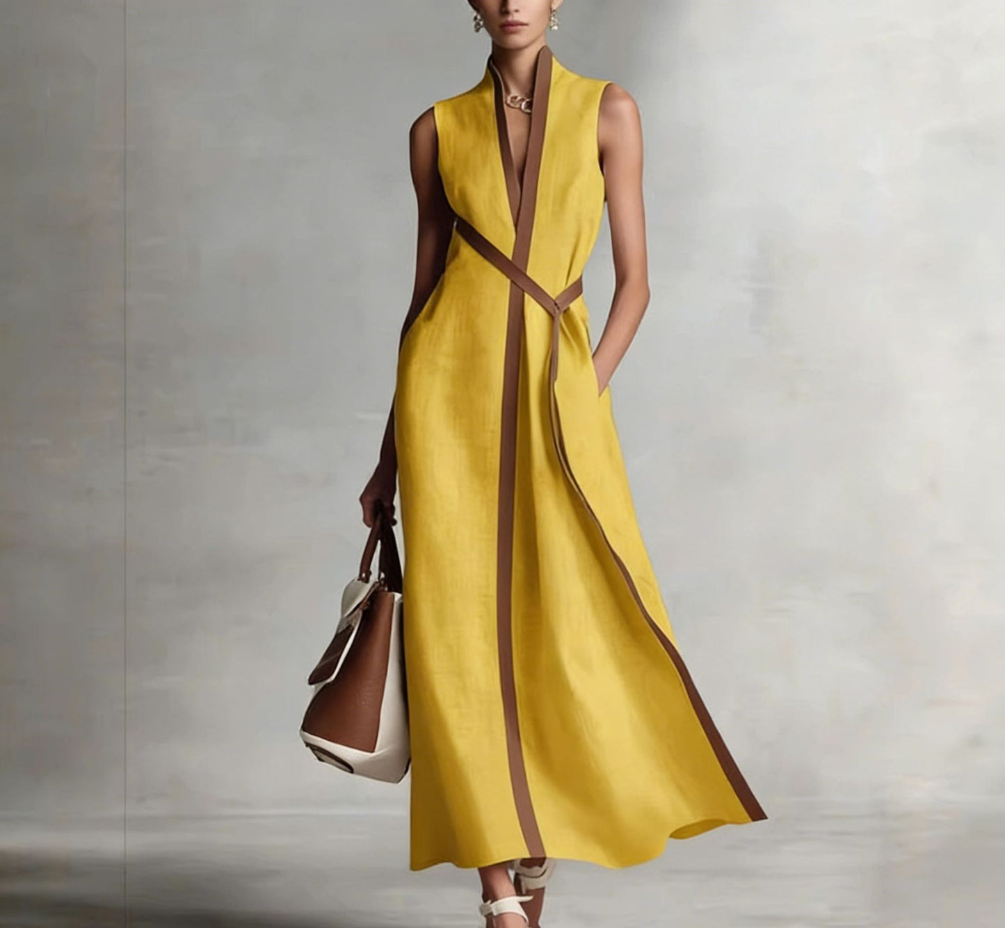 2026 Summer New Arrival Stand Collar Sleeveless Casual Color Block Loose Dress