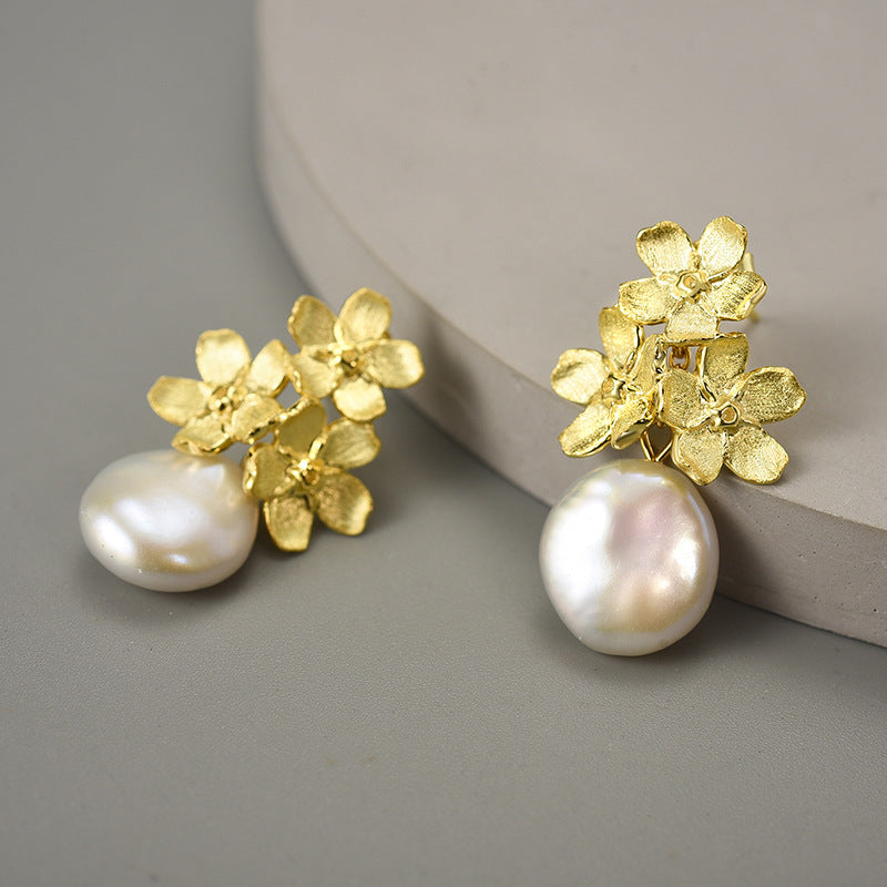 Forget-me-not Baroque S925 sterling silver earrings retro flower jewelry women