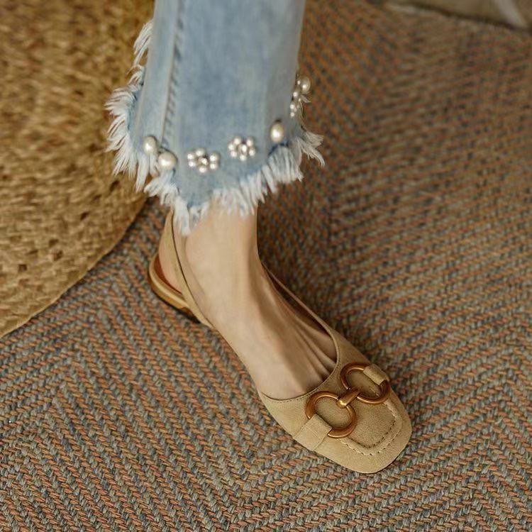 Summer New French Low-Heel Closed-Toe Slip-On Buckle Sandals, Plus Size European and American Style Women's Shoes (Export)