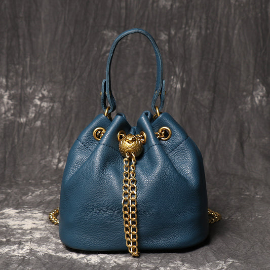 New Handmade Top-grain Cowhide Cosmetic Bag, Fashionable, Casual, Versatile Genuine Leather Bucket Bag, High-quality Soft Leather Chain Bag