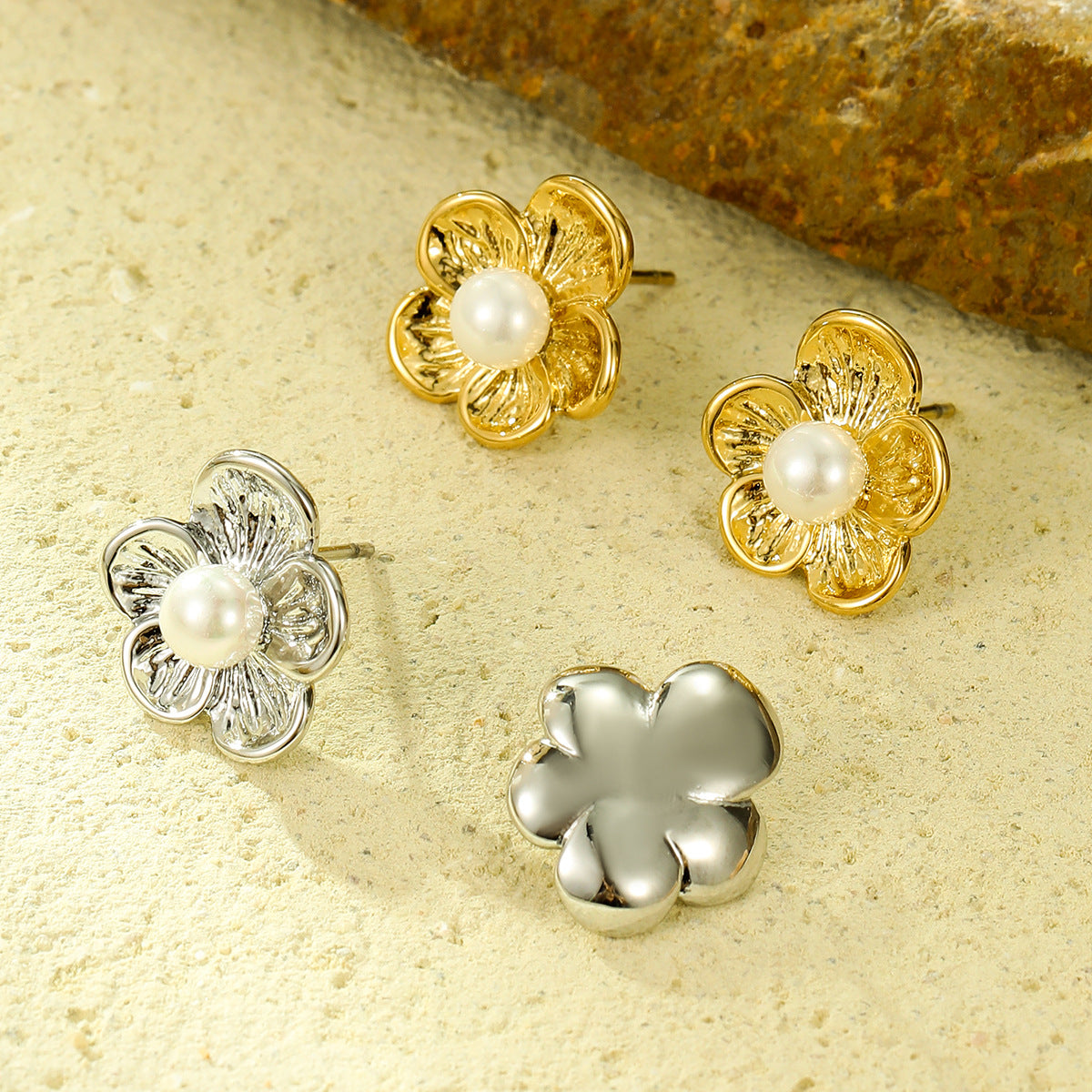 Cross-border new all-match high-grade titanium steel flower inlaid pearl earrings European and American exaggerated trend earrings