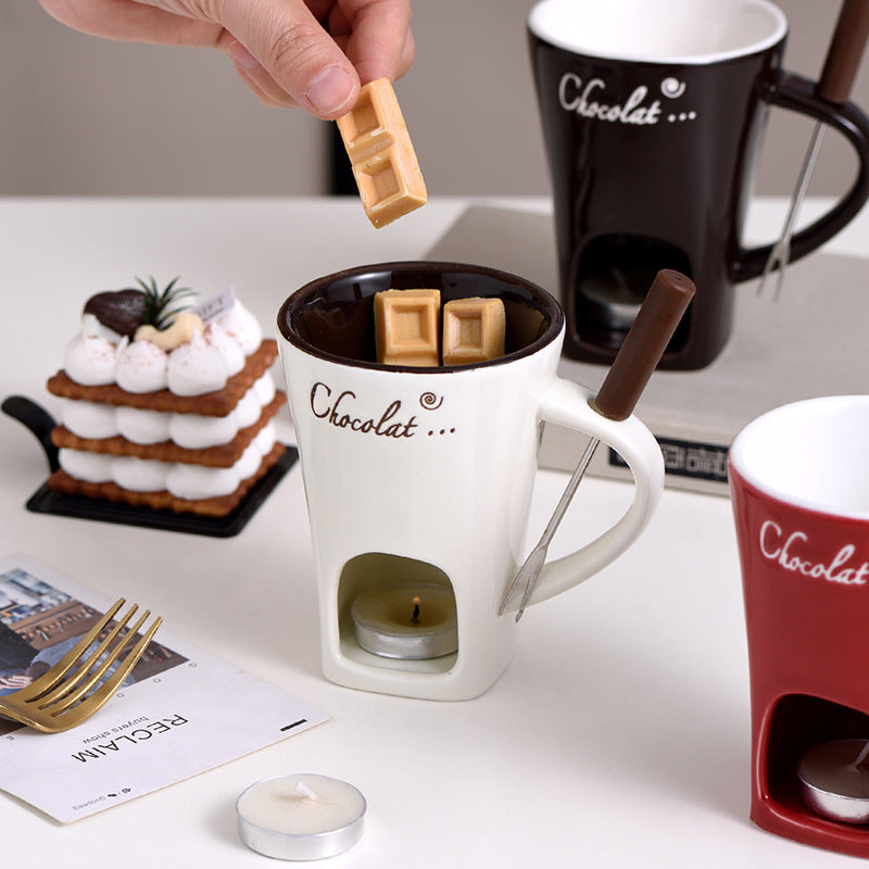 Ceramic Chocolate Cup, Hot Pot Steamer Swiss Ice Cream Hot Pot Cup, Cheese Hot Pot Cup with Fork