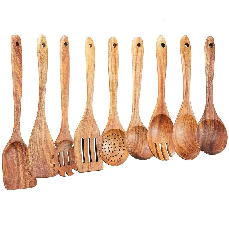Teak Cooking Set, Acacia Wood Kitchenware, Long Handle Spatula, Vegetable Spatula, Solid Wood Spatula, Spoon Fork, Non-stick Pan, Kitchen 10 Piece Set