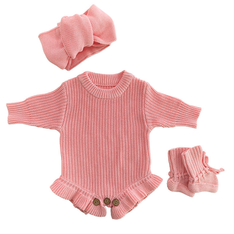 Handmade Embroidered Custom Letter Baby Autumn Warm Bodysuit Romper Knit Sweater Crawling Suit