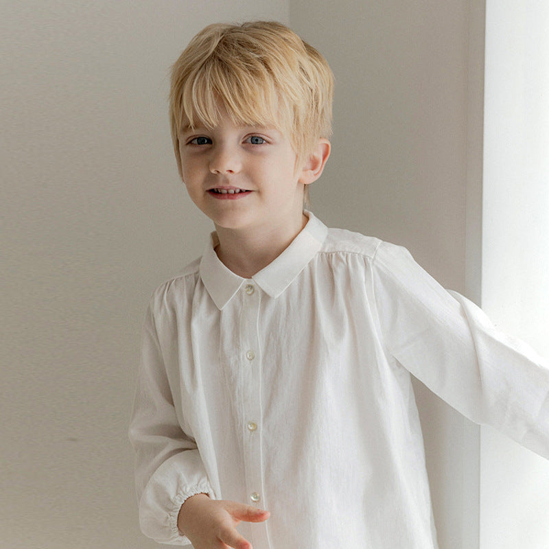Spring/Summer Baby Clothing Tops, Cotton Linen Single-Breasted Shirts, College Style, Mori Girl Style, Cute Lapel Long-Sleeved Children's Shirts
