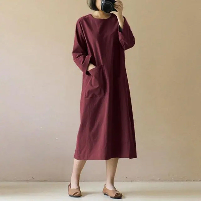 Retro Cotton Linen Long-sleeved Solid Color Plus Size Dress, New Spring and Autumn Style with Pocket Design